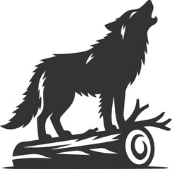 A wolf howling with its front paws placed on a fallen log animal vector silhouette