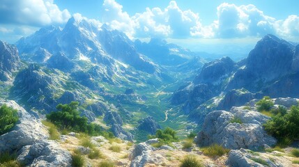 Majestic mountain range bathed in vibrant sunlight serene valley below. AI Generated