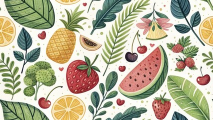 Cute Organic Food Illustrations: Repeating Leaf Pattern -  Adorable Produce Drawings, Healthy Eating Graphics,  Farm Fresh Food Art