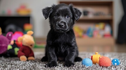 Adorable Black Puppy Posing Amongst Toys