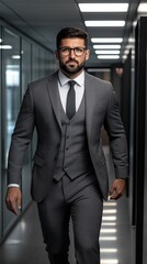 Fototapeta premium Professional businessman in corporate office setting - formal attire and confidence - concept of success and leadership