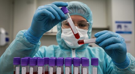 Healthcare professional in personal protective equipment handling blood samples in laboratory, showcasing safety protocols and meticulous techniques in medical testing