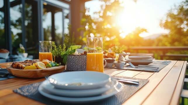 Vibrant outdoor dining setup with multiuse accessories sunny patio table arrangement natural light dynamic angle creative use of items