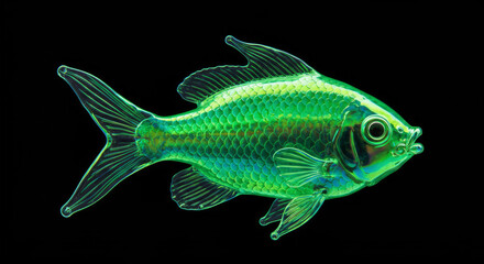 Fototapeta premium Green and blue shimmering fish figurine stands against black background