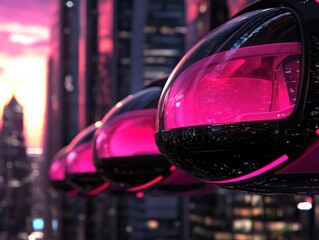 Futuristic Transportation Pods Glowing in Pink Against Urban Cityscape at Sunset