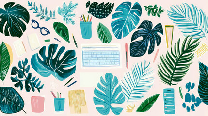 Tropical Office Still Life Flat Lay for Print, Card, Poster