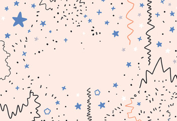 various shapes and lines, including stars, swirls, and dots, in shades of pink, blue, and orange.