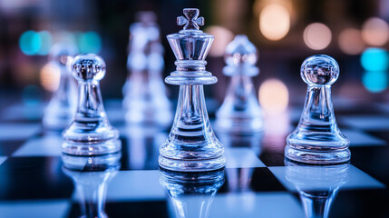 Elegant glass chess pieces on a reflective chessboard with blurred bokeh lights in the background