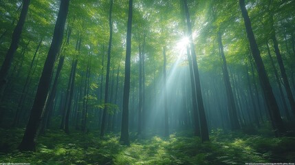 Fototapeta premium Sunlight Through Misty Forest Canopy