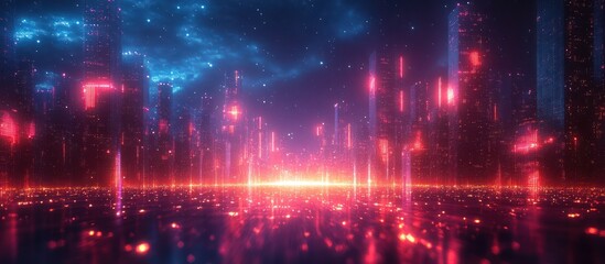 Obraz premium Futuristic cityscape at night with glowing skyscrapers and vibrant colors.