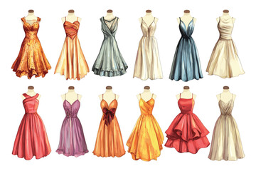 Obraz premium set of Woman dress for fashion design isolated on a white background, set of colorful Woman dress vector illustrations on white background