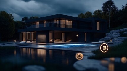 Obraz premium Luxury Villa with Glowing Decorative Circle Accents by the Pool at Night