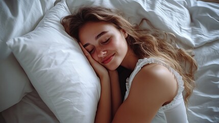 Fototapeta premium Young Woman Cuddling Pillow on Cozy Silk Bedding.give me 40 keywords in one row