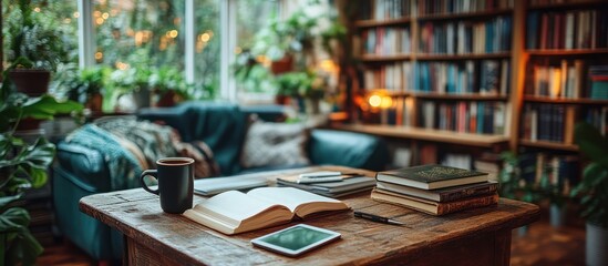 Cozy home library with books, coffee, and plants.