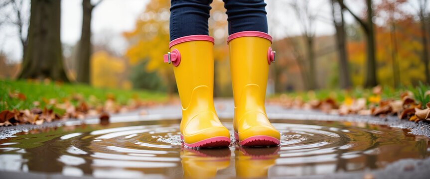 Colorful rain boots splashing in puddle at autumn park, playful whimsy