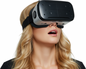 Woman using VR headset immersive technology virtual reality experience