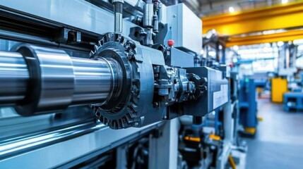 A detailed close-up view of intricate machinery within a factory, showcasing various components and mechanical elements in operation.