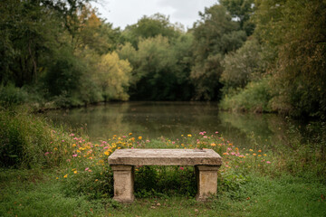 A bench is sitting by a lake with a view of the water