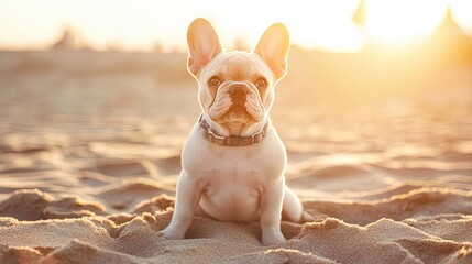 Beachside Bliss: A charming French Bulldog basks in the warm embrace of sunlight on a sandy beach, capturing a moment of pure joy and contentment.