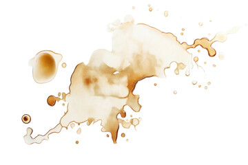 Abstract coffee stains and splashes in various shapes and sizes, creating a textured pattern, isolated on white background