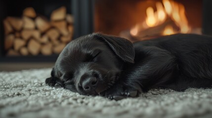 Peaceful Puppy Napping by the Fireplace: A Cozy Winter Scene