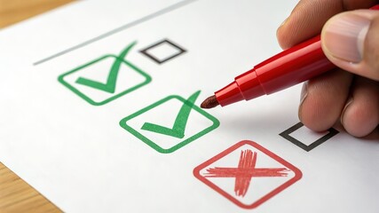 Checklist with checkmarks and a cross: hand marking choices on a survey or questionnaire with a red marker, representing decision making, selection, assessment, and evaluation.