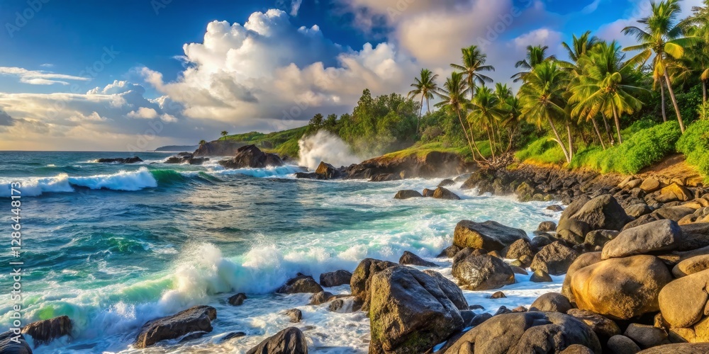 Wall mural Scenic Coastal View with Waves and Palm Trees Under Blue Sky