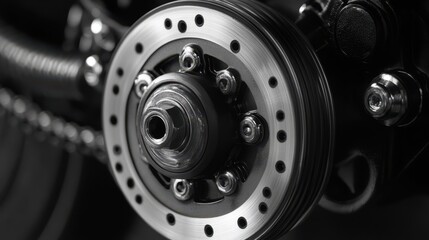 A detailed close-up of a motorcycle wheel featuring a sturdy chain wrapped around it, highlighting the intricate design and mechanics involved.