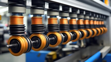 Obraz premium A detailed close-up of a machine producing vibrant orange and black springs, showcasing intricate manufacturing processes and mechanical precision.