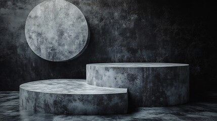 Moody gray concrete platforms elegantly arranged against a dark textured wall bathed in soft light. AI Generated