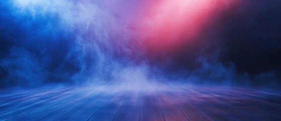 Foggy background with neon lights and smoke, vibrant blue and red atmospheric scene, empty stage or studio for modern design, futuristic concept.