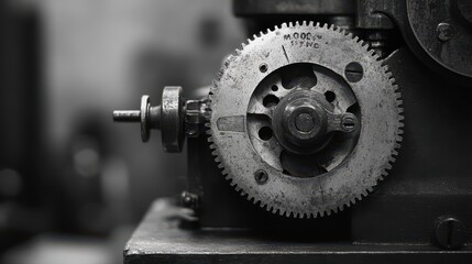 A detailed close-up of a mechanical machine featuring a prominent gear wheel, highlighting its intricate design and functionality.