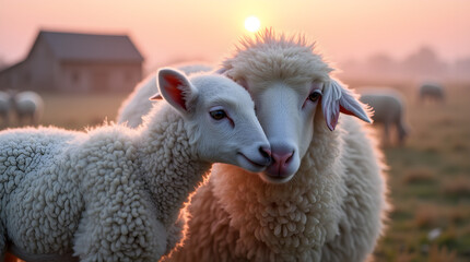 Fototapeta premium A tender moment between a mother sheep and her lamb as they touch noses at sunset on a peaceful farm. A heartwarming rural scene symbolizing love, warmth, and family bonds.