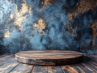 Rustic Wooden Display Platform Dark Moody Background. AI Generated