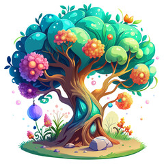Vibrant Fantasy Tree with Colorful Foliage and Magical Forest Elements in Whimsical Painterly Style