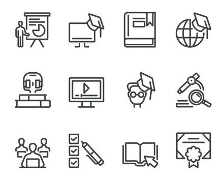 Online web intrnet education line isolated thin icon set