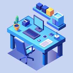 Isometric Workspace – 3D Computer Desk Setup in Vibrant Blue and Orange with Minimalist Futuristic Design

