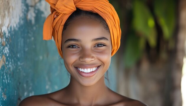 Discover the radiant joy of a Brazilian woman of African descent wearing a traditional Baiana dress, her smile a beacon of Brazilian culture and heritage This vibrant image captures the essence of