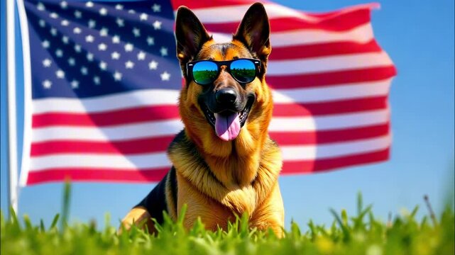 Patriotic german shepherd with sunglasses against the u.s. flag in sunny outdoors