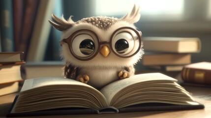 Cute owl reading book in library