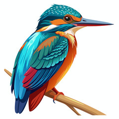 Vibrant Kingfisher Bird – Cyan and Orange Plumage with Detailed Feathers in a Photorealistic Digital Illustration on White Background