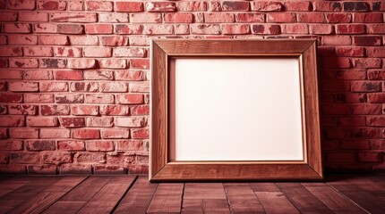 An empty wooden frame leans against a rustic red brick wall, set upon a dark wooden plank floor.