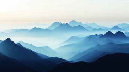 Fototapeta premium Mountain landscape during sunrise, layered peaks in soft blue tones, misty horizon, serene nature scene, tranquil outdoor backdrop, travel photography.