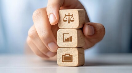 Ethical Business Practices Demonstrating Corporate Integrity, A hand holding a wooden block with ethical business icons, representing corporate integrity and compliance, this impactful image