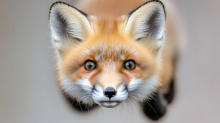 Curious red fox kit close-up, outdoors, blurred background