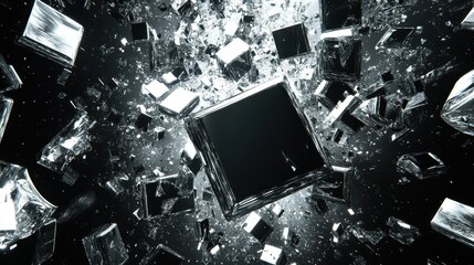 A detailed close-up view of shattered glass fragments scattered on a surface, showcasing the intricate patterns and sharp edges of the broken pieces.