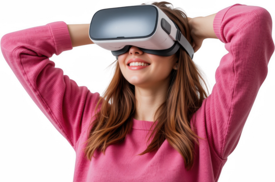 Happy Woman Wearing VR Headset Immersive Technology Digital Experience