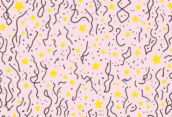yellow stars scattered across a pink background, with black lines and swirls adding a dynamic element.