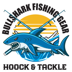 Vector Illustration of Shark Fish with Fishing Rod in Detailed Vintage Illustration Available for Tshirt Design