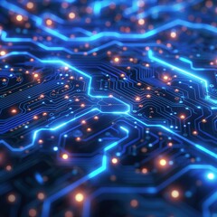 Obraz premium A vibrant close-up of a circuit board with glowing blue lines and warm orange lights, showcasing advanced technology and innovation.